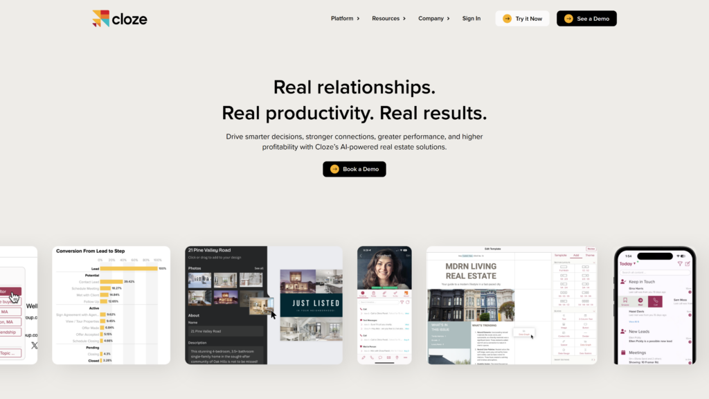  Cloze webpage advertising its AI-powered real estate solutions, featuring user interface previews and a “Book a Demo” button