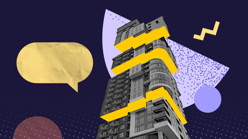 A collage of a skyscraper with speech bubbles