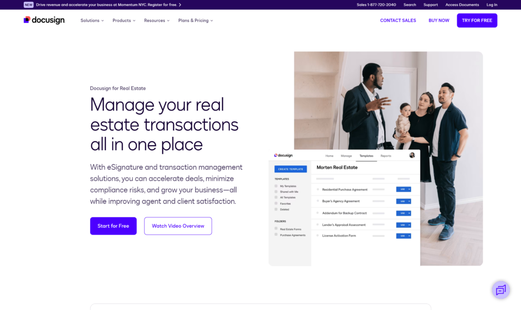 DocuSign for Real Estate webpage highlighting eSignature and transaction management tools for agents and clients.