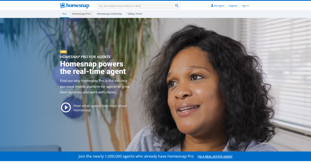 Homesnap Pro interface displaying real estate listings, showings calendar, and a mobile scheduling tool for property tours.