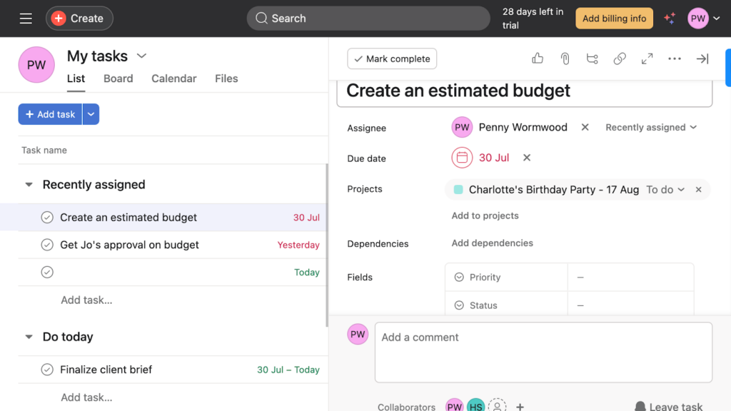 Asana "My tasks" view with "Create an estimated budget" task detail open, assigned to Penny Wormwood, due July 30.