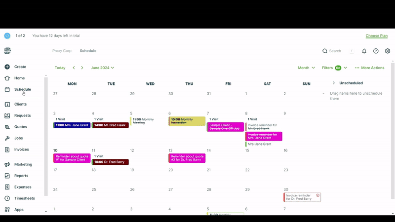Based on the calendar dashboard interface for Jober in jobberscheduler.gif, the software displays a monthly schedule layout with color-coded job blocks, a left-hand navigation sidebar for client and invoice management, and a drag-and-drop side panel for unscheduled tasks.