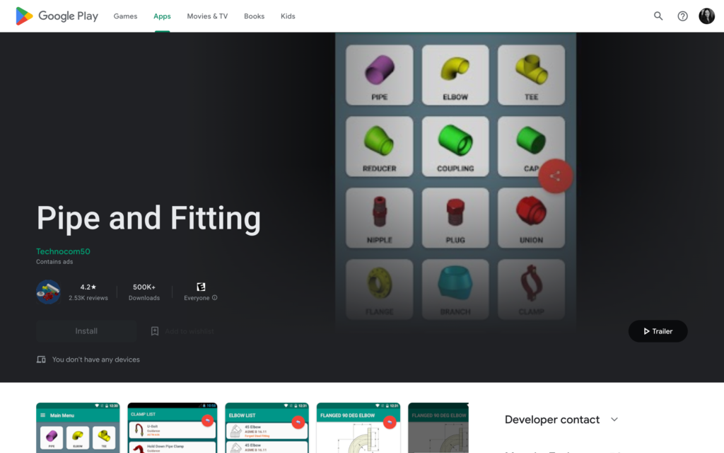 Screenshot of Pipe and Fitting page on Google Store