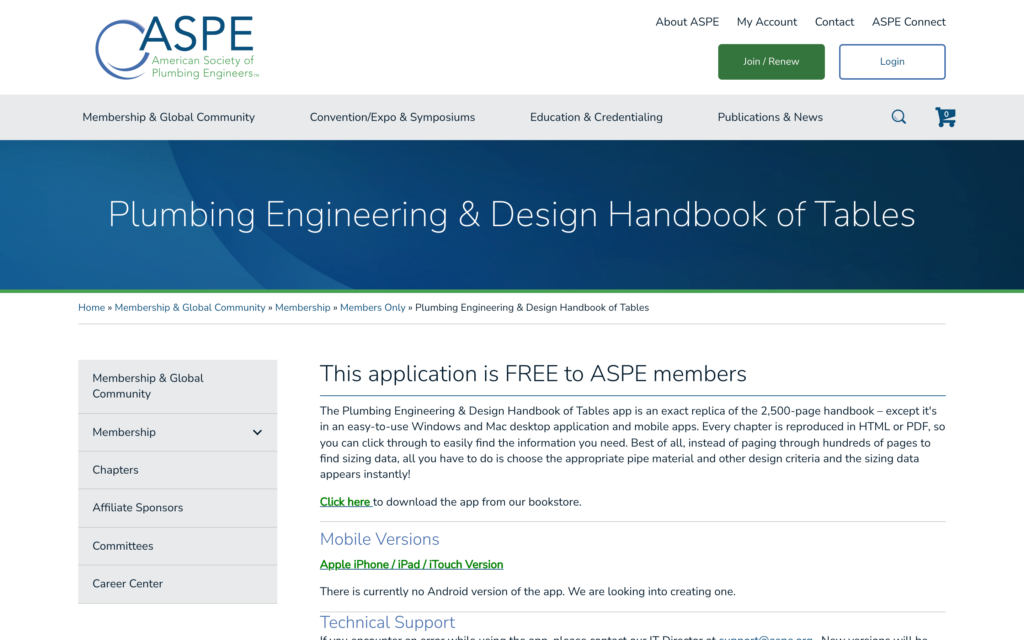 Screenshot of the Plumbing Systems Design Tables webpage
