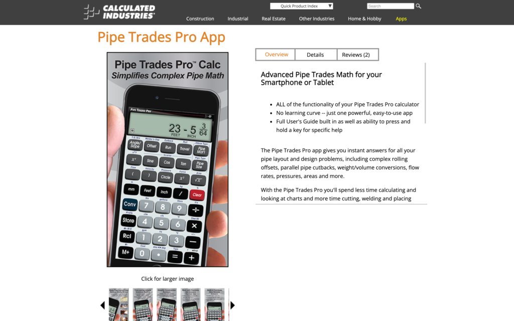 Screenshot of Pipe Trades Pro page on Calculated Industries web