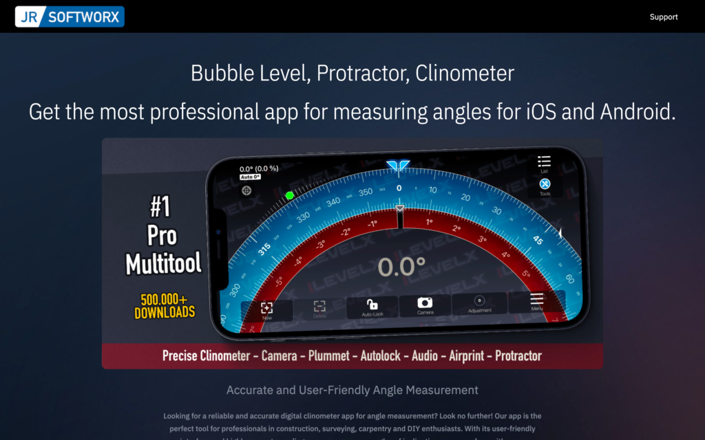 Screenshot of Bubble Level page on JRSoftWorX web