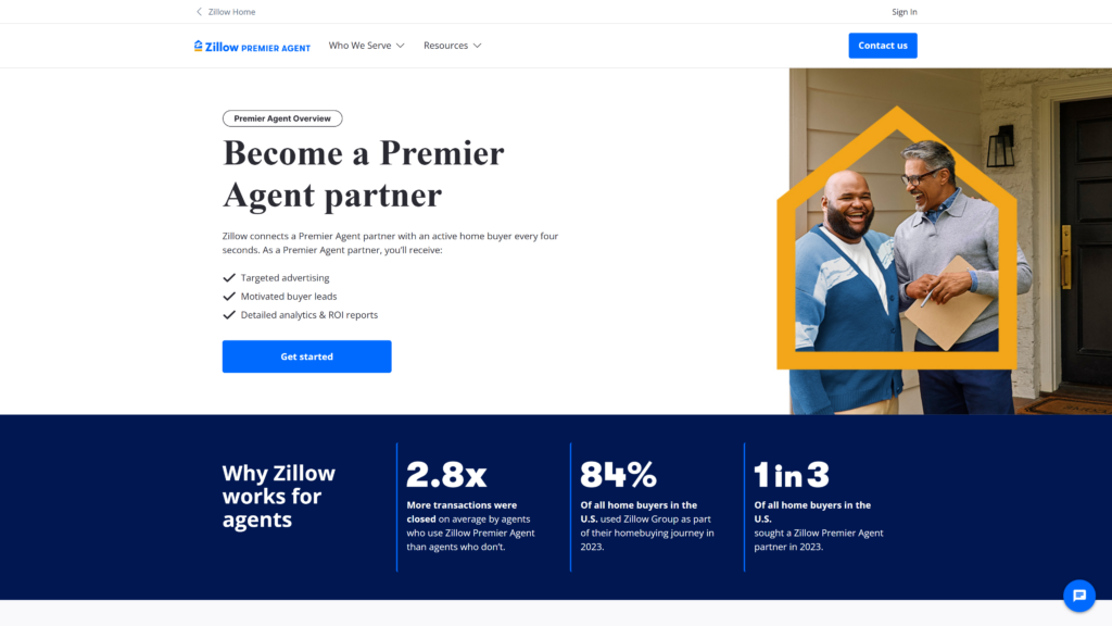 Zillow Premier Agent webpage, which shows how the solution helps real estate professionals connect with potential buyers through targeted advertising and data-driven insights.