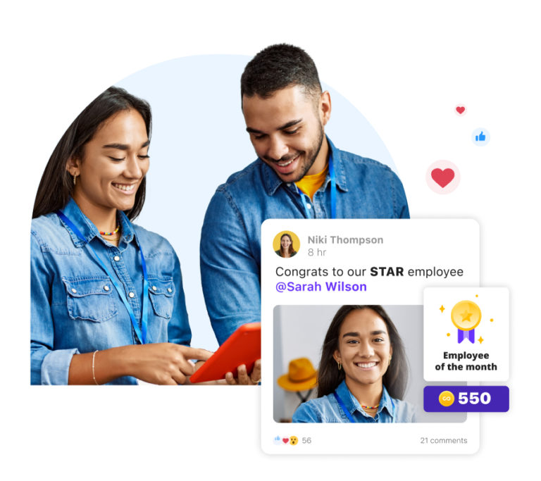 man and woman looking at a tablet with a screenshot of Connecteam's rewards and recognitions announcement
