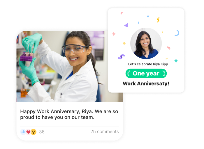 screenshot of an celebration update with a lab technician picture regarding one year work anniversary from Connecteam app