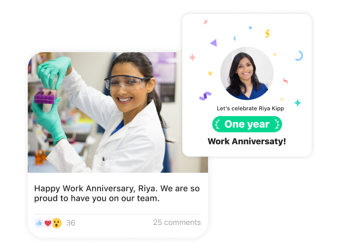 screenshot of an celebration update with a lab technician picture regarding one year work anniversary from Connecteam app