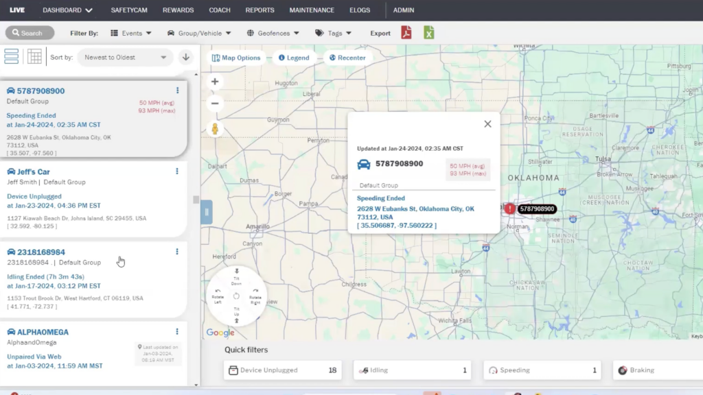 A screenshot of Azuga’s fleet tracking dashboard showing vehicle locations and events in the center. A panel on the left lists alerts for speeding, idling, and device statuses for individual vehicles. A pop-up highlights a specific speeding event with location and details.