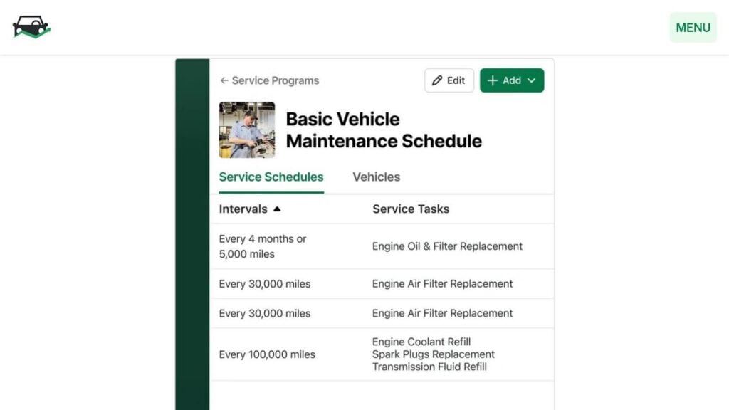 A basic vehicle maintenance schedule, which includes the time intervals for different types of maintenance service tasks such as engine oil and filter replacement, engine air filter replacement, and more.