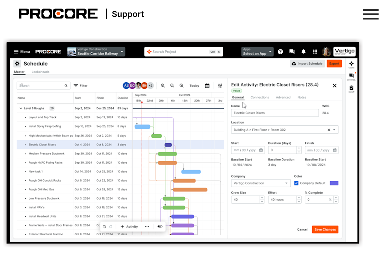Screenshot of Procore's Schedule tool showing a Gantt chart for "Vertigo Construction &ndash; Seattle Corridor Railway," with an "Edit Activity" panel open for "Electric Closet Risers," showing fields for location, dates, company, color, crew size, and effort.