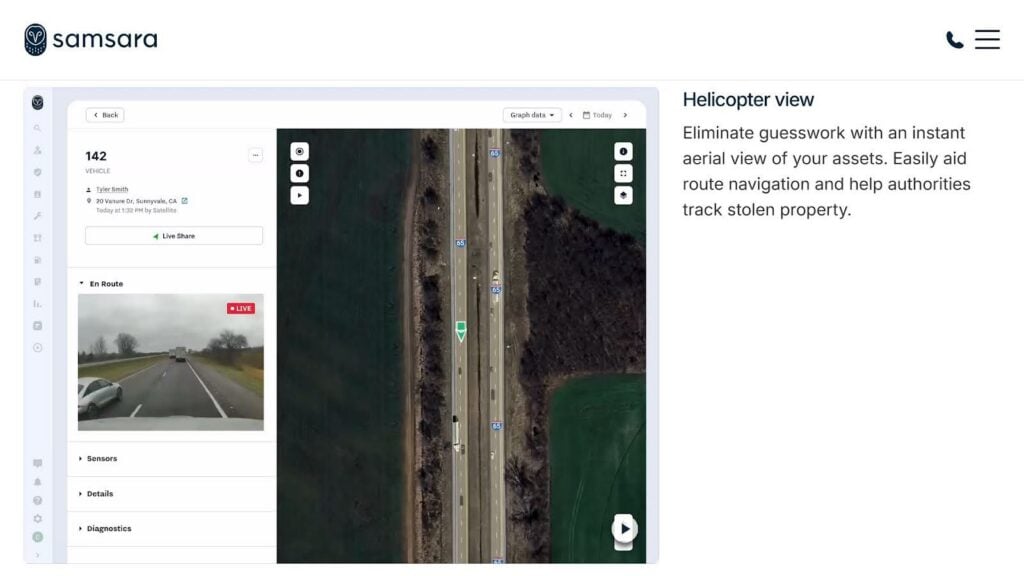 Samsara’s GPS tracking feature, which includes a birds-eye view of the vehicle on the map up front and center. There’s a live dash cam view on the left side, with a menu to see sensors, details, and diagnostics.