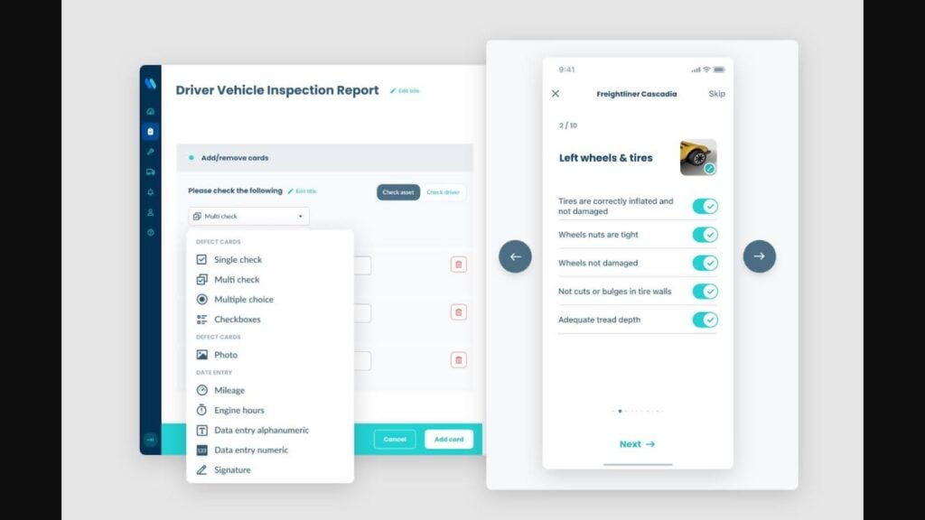 On the left, a screenshot of Whip Around’s driver vehicle inspection report, with the option to add check types, like single check or multi check, photos, mileage, signatures, and more. On the right, a Whip Around’s mobile interface showing a step-by-step inspection checklist, with checks for tire inflation, tire walls, tread depth, wheels, and wheel nuts.