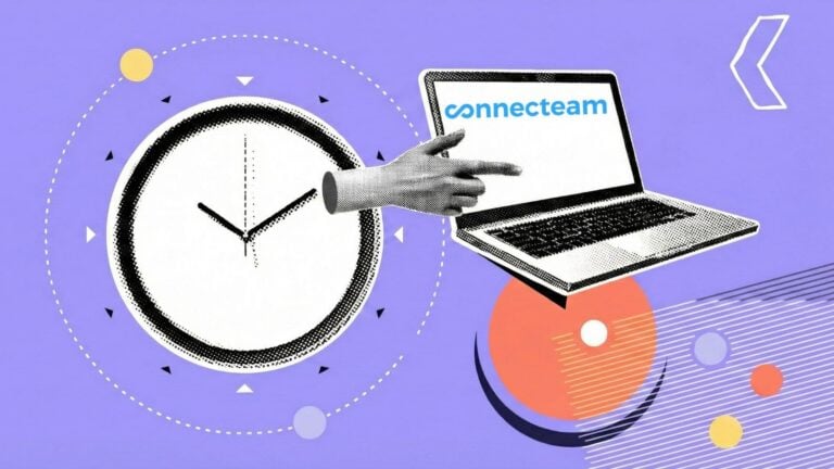 A black & white hand hovers over a clock pointing towards a laptop displaying the Connecteam logo