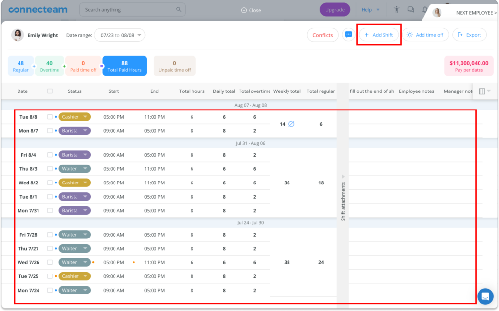 Image of Connecteam timesheet