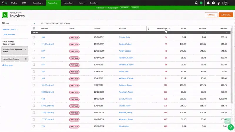 Screenshot showing the Service Autopilot invoices page