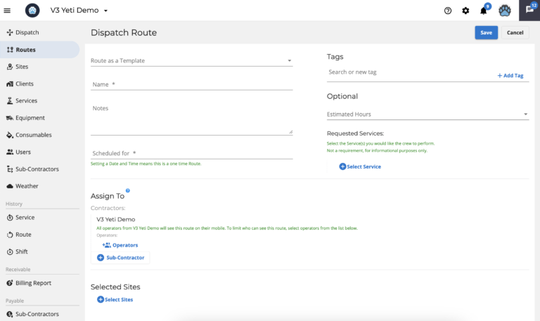 Screenshot showing the Yeti route dispatch routes page. 