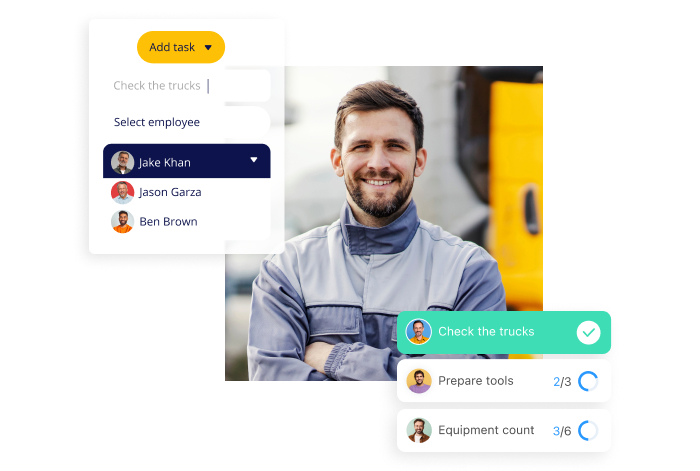 man smiling with screenshots of Connecteam's operations tracking feature