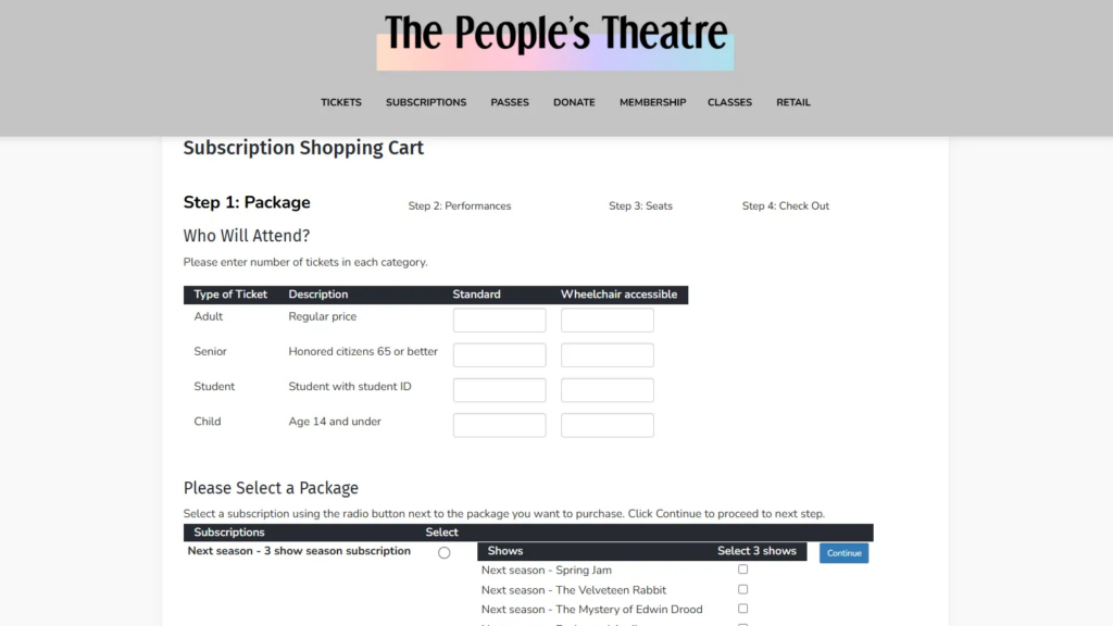 Screenshot of an Arts People subscription shipping cart with step-by-step checkout, ticket type quantities, and season package selection.