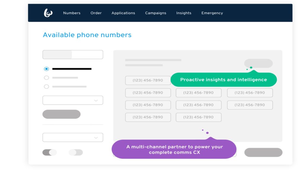 An animation showing available phone numbers in the Bandwidth API