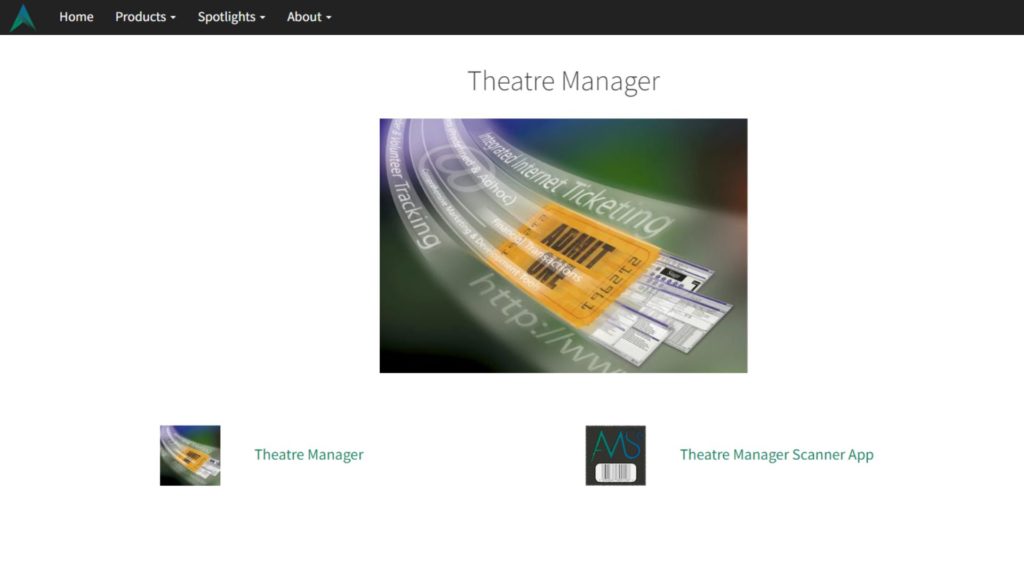Screenshot of ArtsMan Theatre manager webpage, featuring an image of a ticket and a heading that says: Theatre Manager