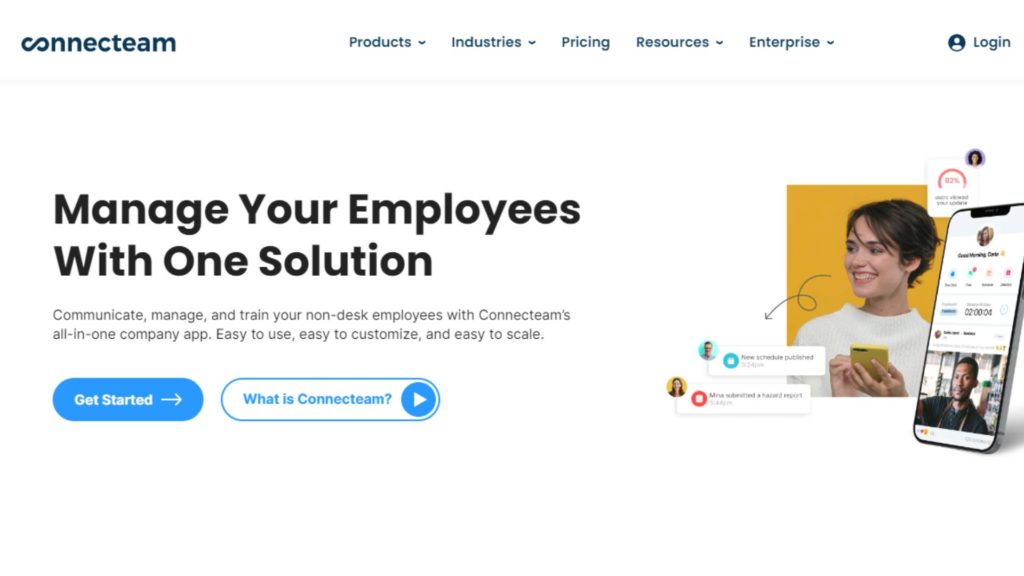 Screenshot of Connecteam webpage, with a heading that says: Manage your employees with one solution