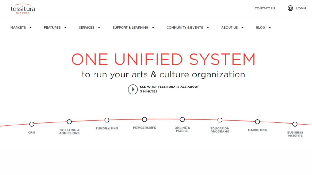 Screenshot of Tessitura webpage, with a heading that says: One unified system to run your arts and culture organization