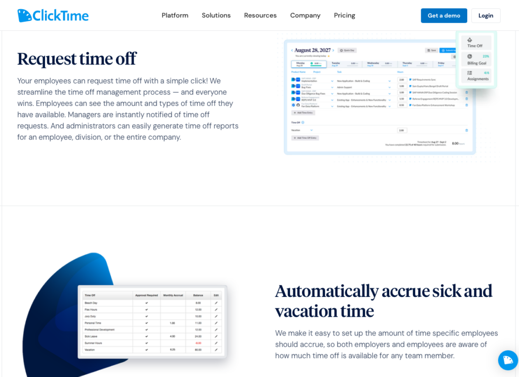 ClickTime's time off management feature page, highlighting employee time off requests and automatic sick and vacation time accrual.