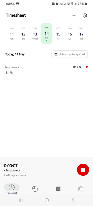 A timesheet mobile application interface showing an active time tracker at 7 seconds for a "Test project" on Thursday, May 14th, featuring a red stop button in the bottom right corner.