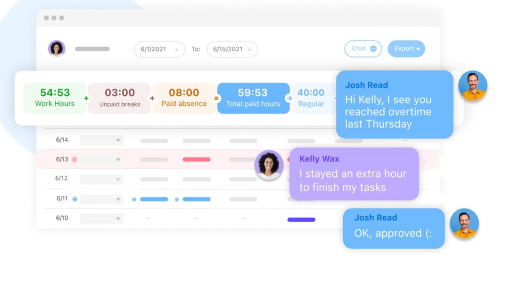 Graphic showing timesheet and messages between an employee and supervisor on Connecteam