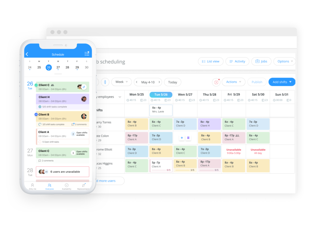 The Connecteam scheduling feature, with web and mobile views, shows a calendar with shifts, comments, and task summaries