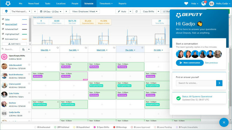 A screenshot of Deputy’s shift scheduling interface.