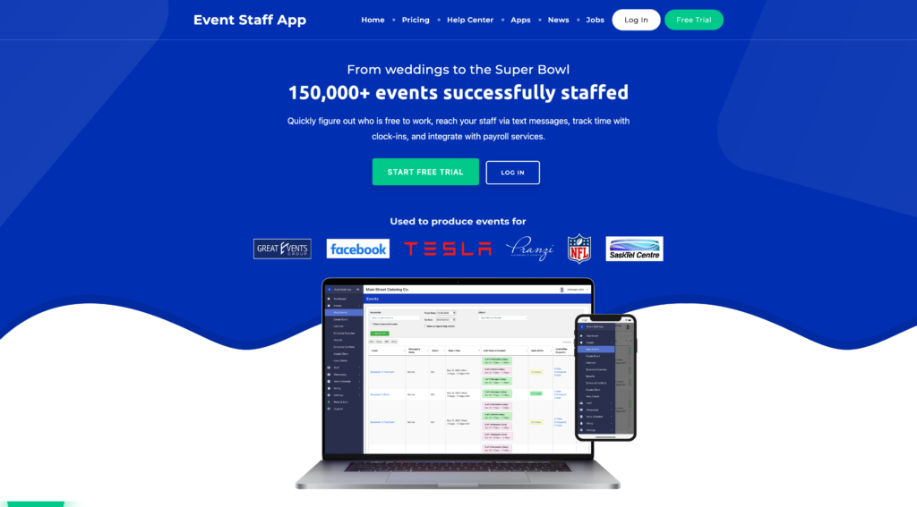 Event Staff App’s homepage, showing the app on a MacBook and iPhone