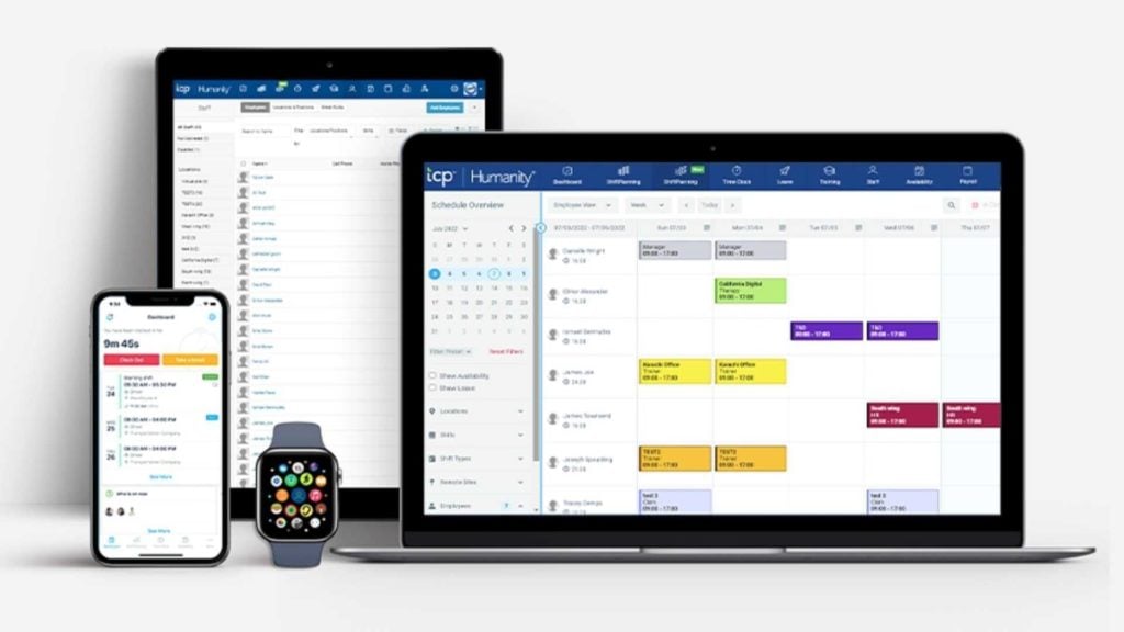 Humanity scheduling software on a computer, tablet, smartphone, and smartwatch