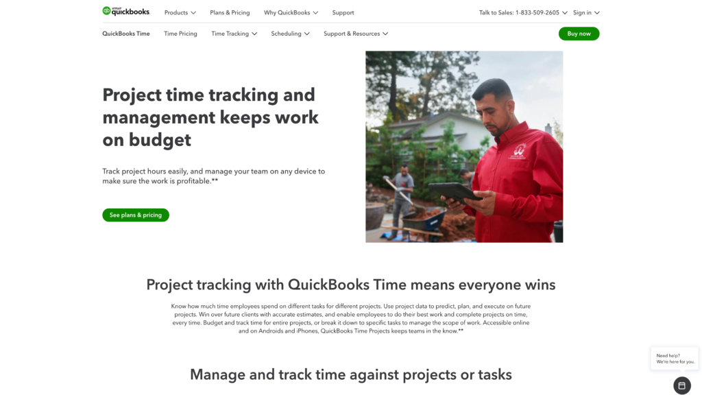 QuickBooks Time homepage showing a man holding an iPad at a landscaping job