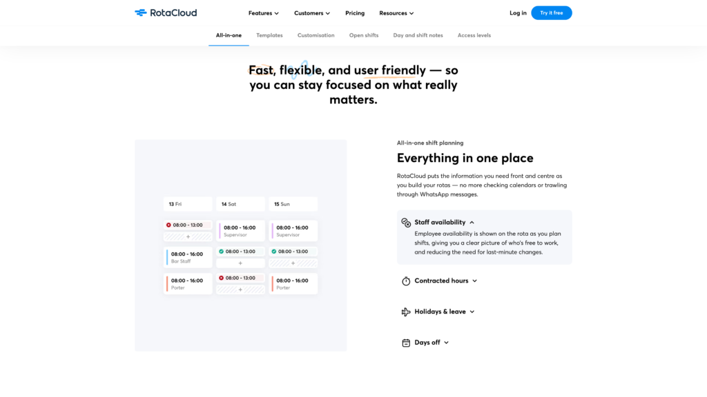 RotaCloud homepage, showing features for scheduling workers