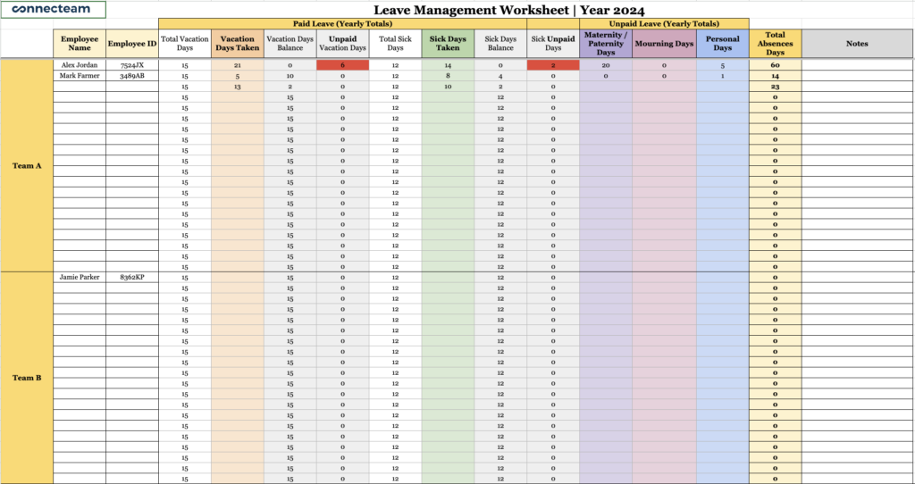 Connecteam Leave Management Worksheet | Year 2024