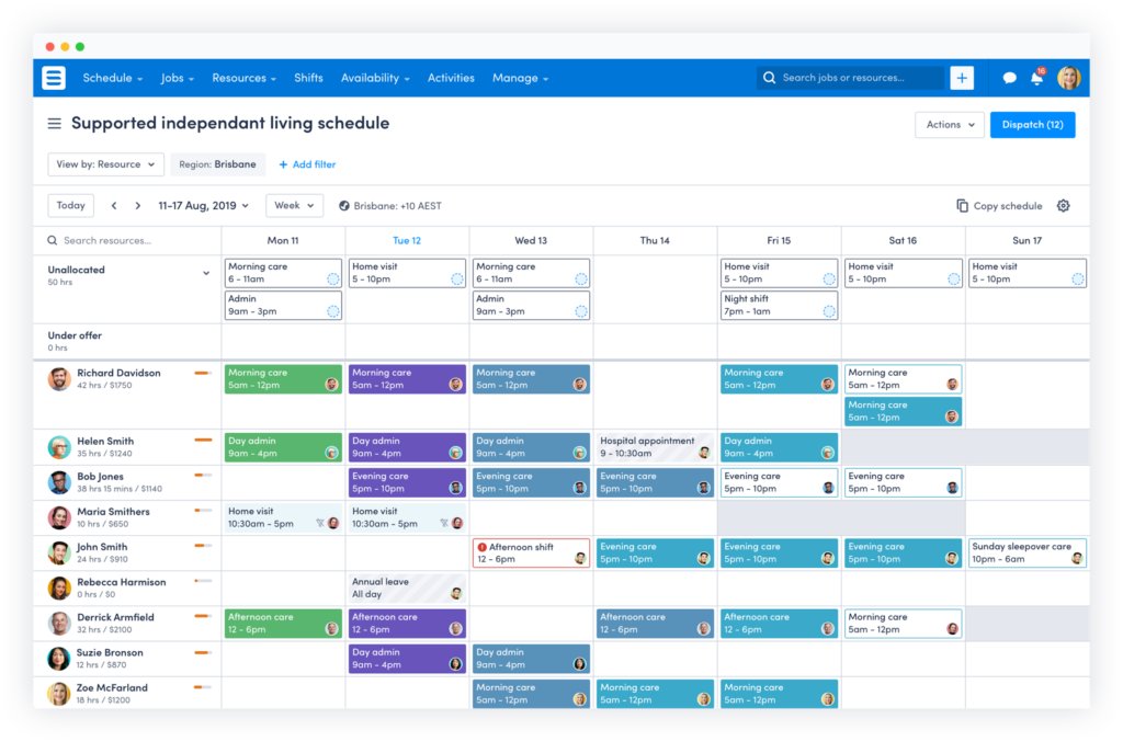 A screenshot of Skedulo’s employee shift scheduling software.