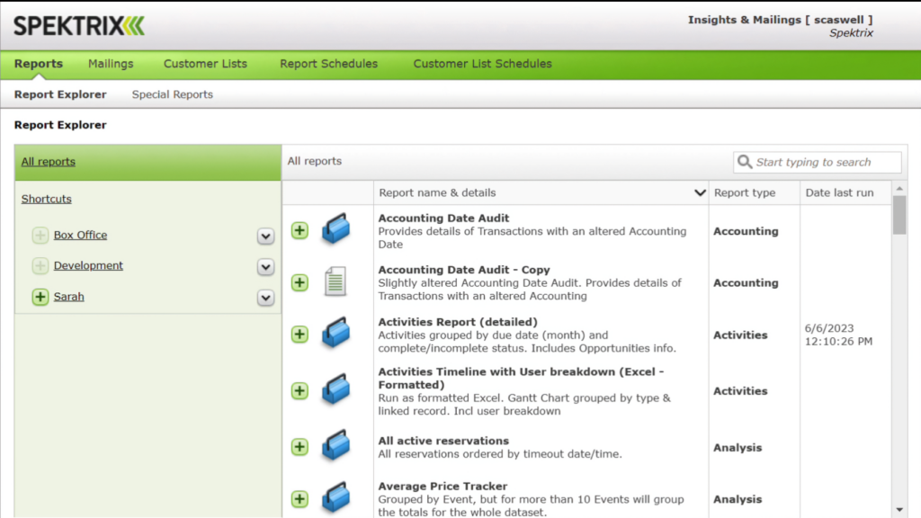 Screenshot of Spektrix Report Explorer listing accounting, activities, and reservation reports.