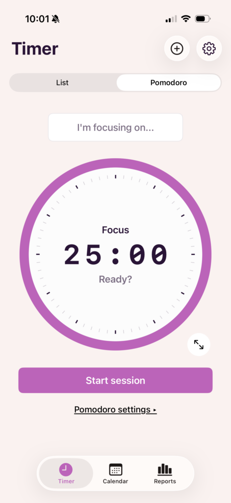 A mobile time-tracking application interface showing a Pomodoro timer set to a 25:00 focus session, featuring a prominent pink circular gauge and a "Start session" button.