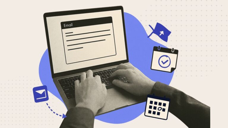 An illustration showing a hand typing a PTO request email on a laptop