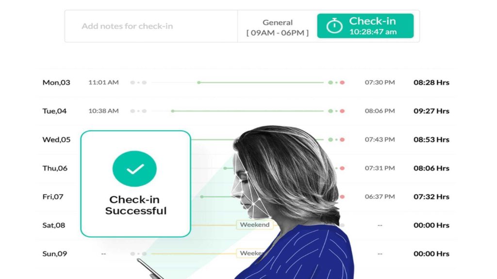 Zoho People graphic showing an employee checking in for a shift