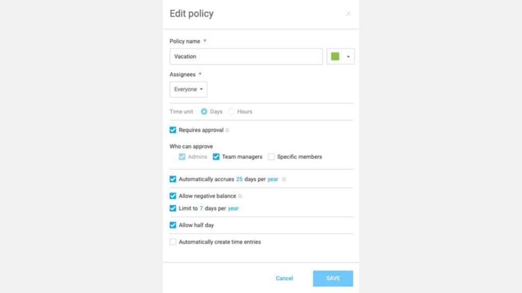 Screenshot showing Clockify PTO settings page.