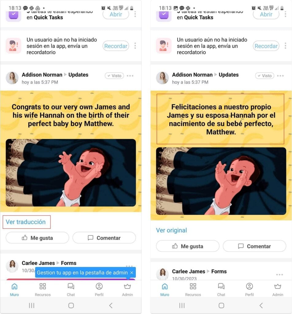 A screenshot showing how Connecteam translates an update into Spanish