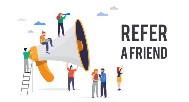 A graphic of people standing around a megaphone to illustrate an employee referral program