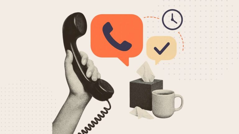 A collage of a hand holding a phone and a box of tissues with a cup of tea next to it