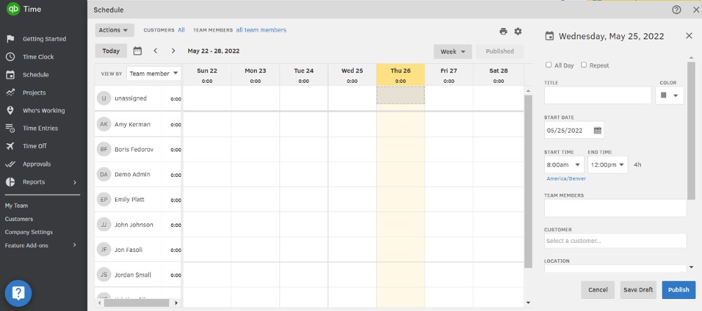 A screenshot of QuickBooks Time’s web-based shift scheduling software