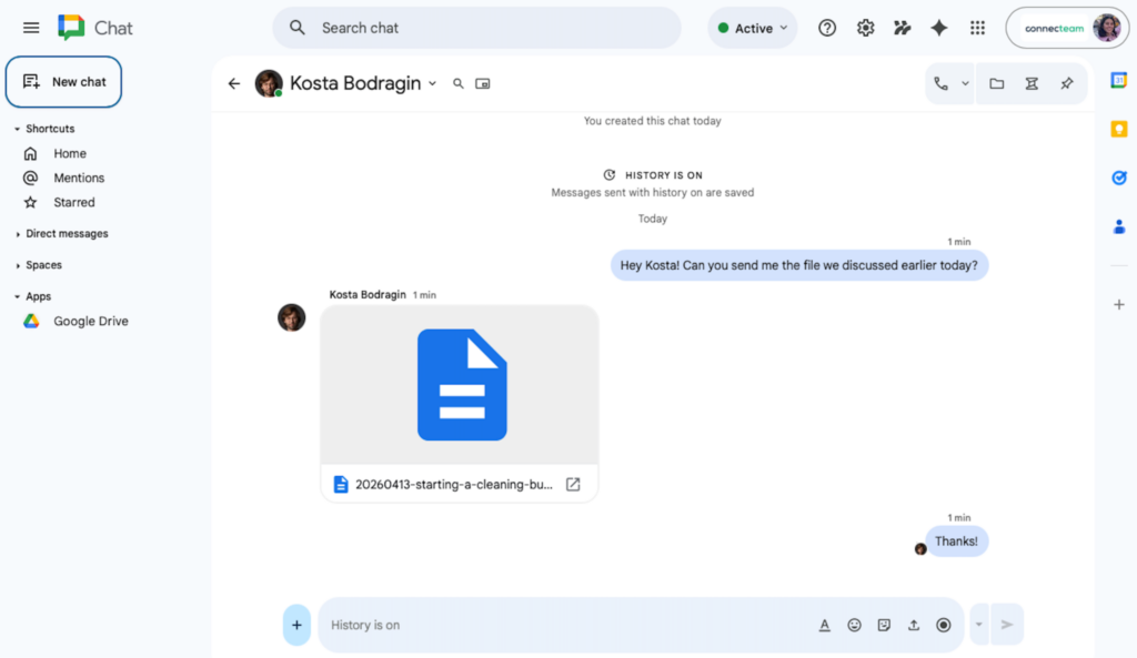 Google Chat interface showing a direct message thread.